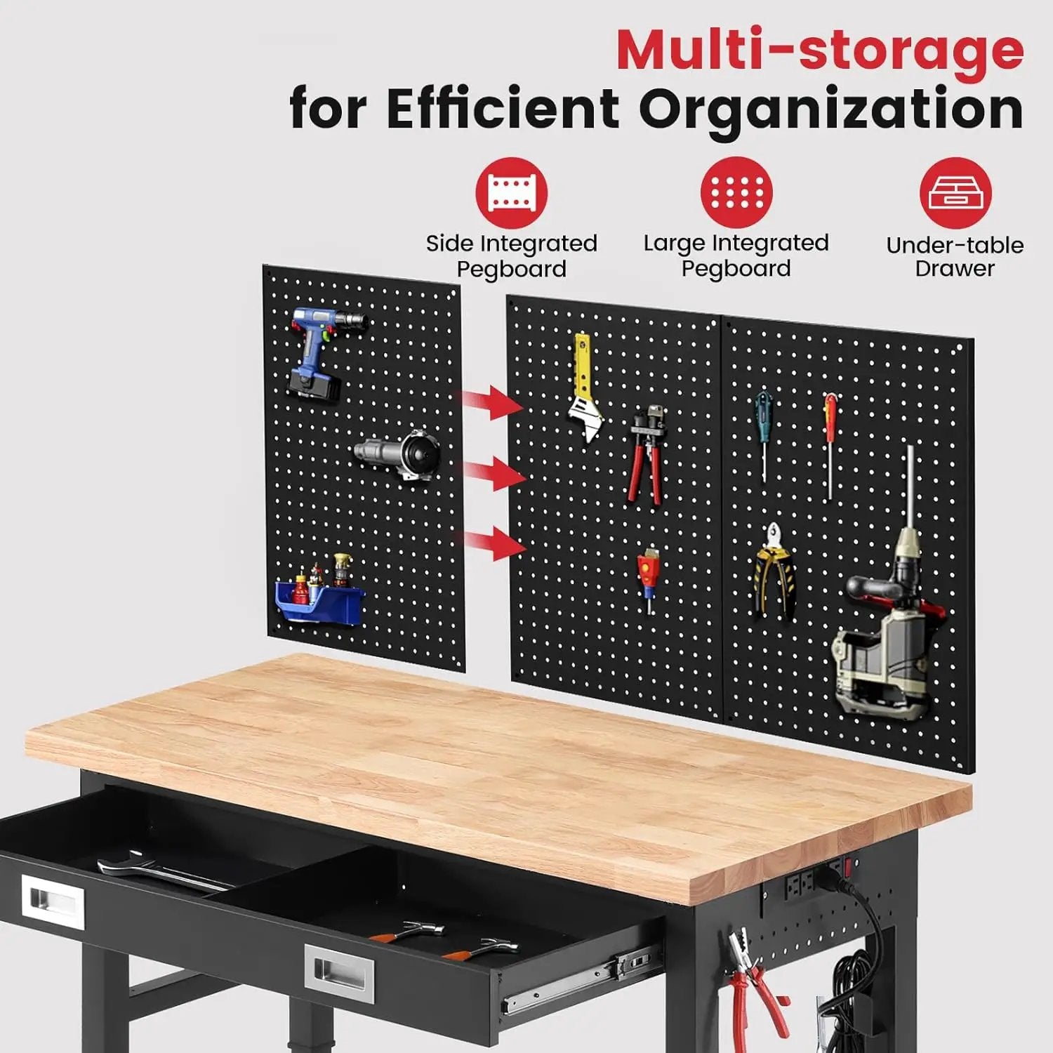 Workbench for Garage with Drawers 48 x 24 Inch Rubberwood Tabletop Work Table with Pegboard, Power Outlets Adjustable Height Work Bench for Woodworking Shop, Home, Office by GreenHaven Gardens