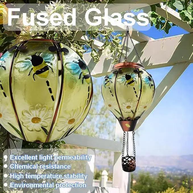 Hot Air Balloon Solar Lantern with Flickering Flame, Glass Hanging Garden Lights Outdoor Waterproof for Tree Yard Patio Mother's Day Gift, 18" H Bee by GreenHaven Gardens