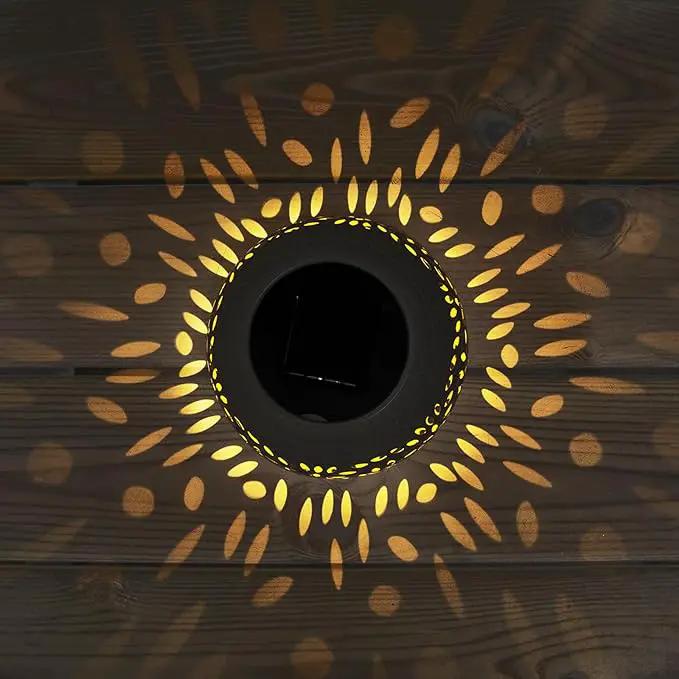 Solar Table Light Outdoor Waterproof- Solar Powered LED Lamp Hollowed-Out White Metal Desktop Decorative Lantern for Indoor Desk Bedroom Patio Garden Pathway Yard