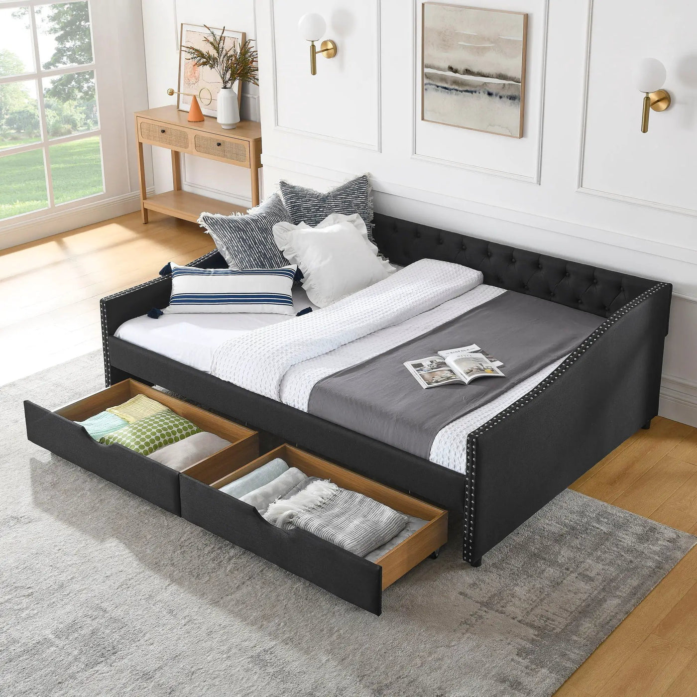 Upholstered Tufted Daybed With 2 Drawers, Waved Arms by Unique Piece Furniture