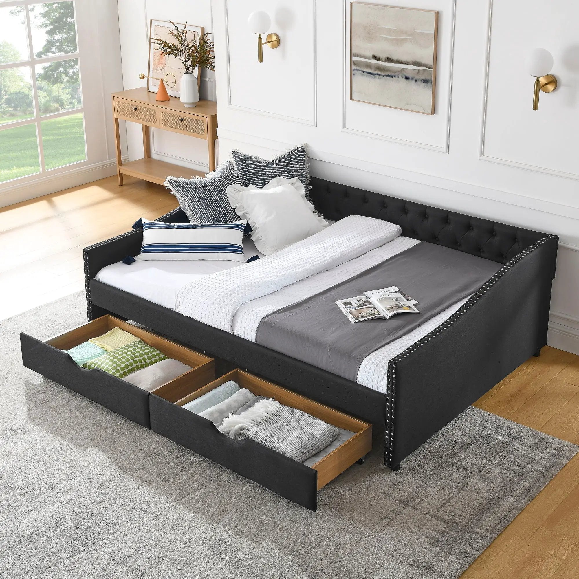 Upholstered Tufted Daybed With 2 Drawers, Waved Arms by Unique Piece Furniture