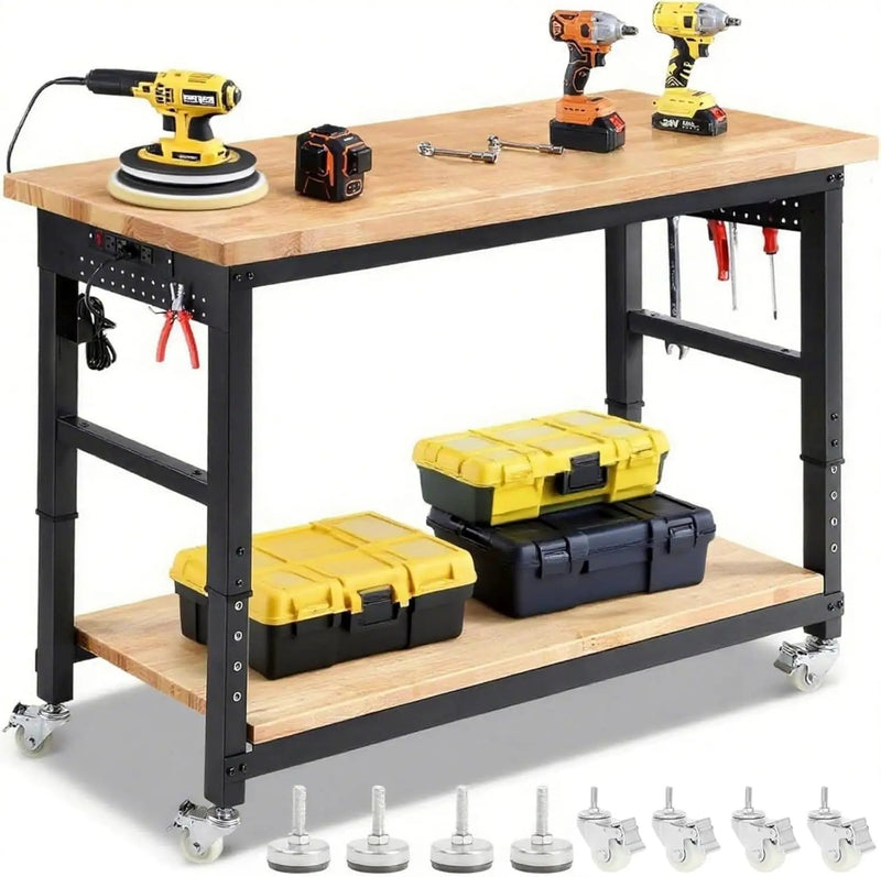 Work Bench with Double Layers 60 x 22 Inch Heavy Duty Rubberwood Tabletop Work Table Adjustable Height Workbench with Wheels, Sided Pegboard, Power Outlets for Garage Home Office by GreenHaven Gardens