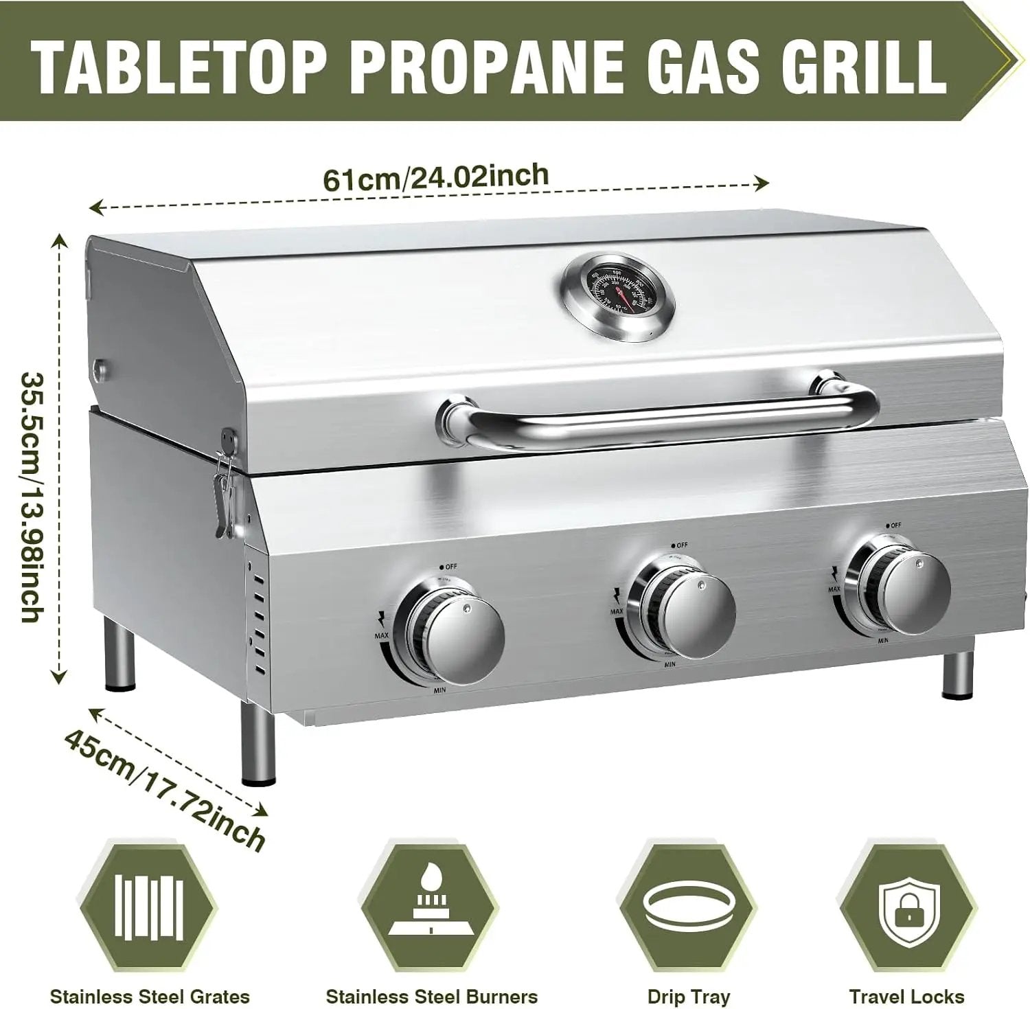 Bestfire 3-Burner Tabletop Gas Grill, 30,000 BTU Portable Propane Grill with Heavy-Duty Thickened Grates & Stainless Steel Knobs, Compact Design&Detachable Legs for Camping, RV, Backyard BBQ by GreenHaven Gardens