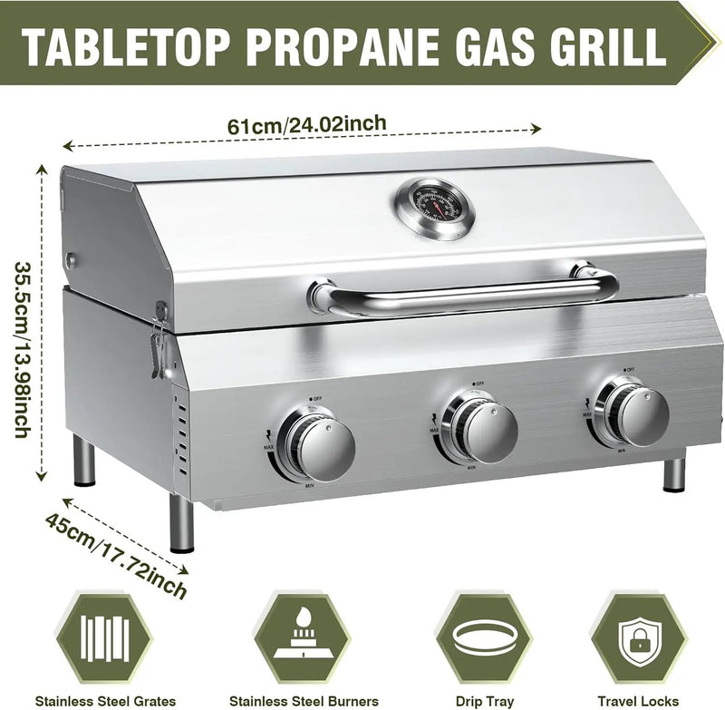 Bestfire 3-Burner Tabletop Gas Grill, 30,000 BTU Portable Propane Grill with Heavy-Duty Thickened Grates & Stainless Steel Knobs, Compact Design&Detachable Legs for Camping, RV, Backyard BBQ by GreenHaven Gardens