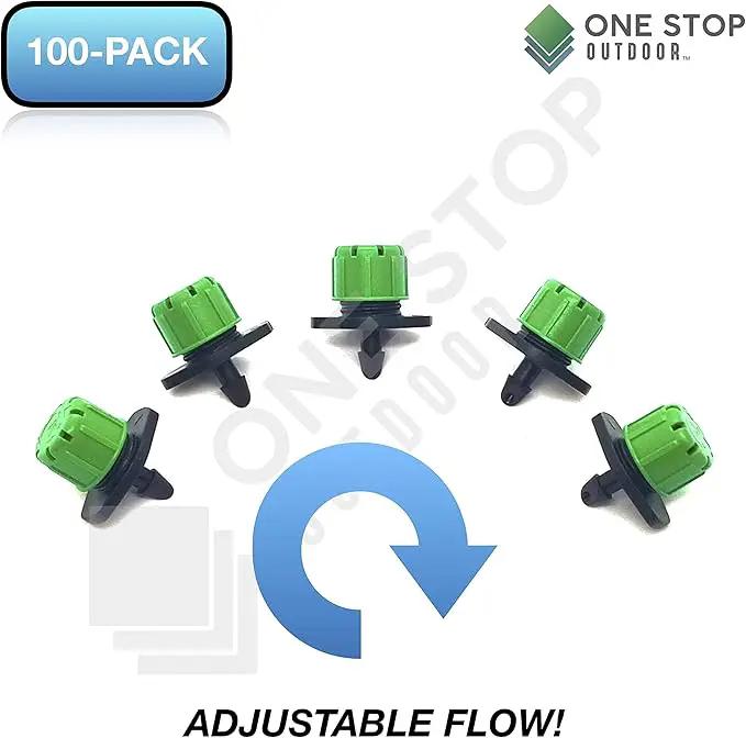 (100-PACK) - 360 Degree 1/4" Inch Universal Barbed Drip Emitter - Adjustable Flow 0-18.5 GPH Fit 1/4 (4-7mm) Drip Irrigation Tubing - Professional Grade Drippers for Drip Irrigation by GreenHaven Gardens