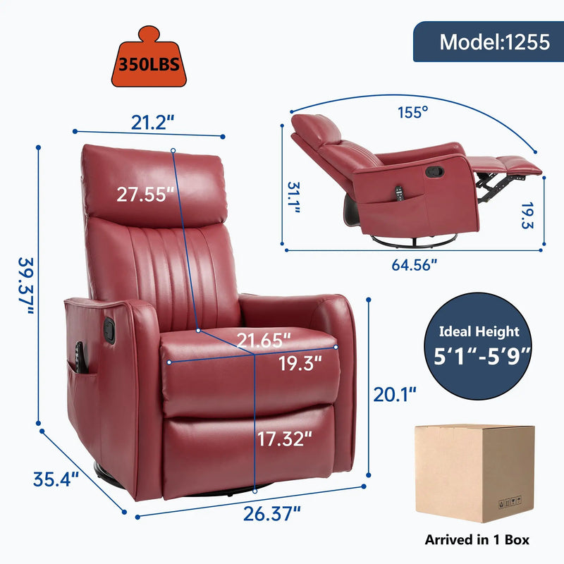 Red Faux Leather Heat Massage Manual Recliner Chair with Rocker and Swivel by HouseOfZazla