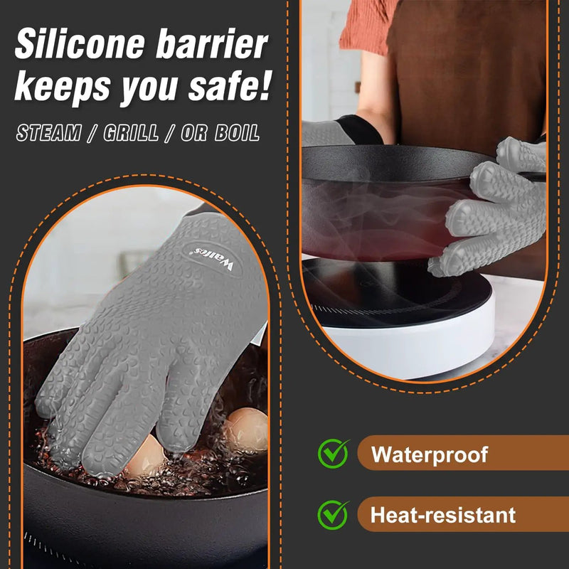 Walfos Silicone BBQ Gloves - Heat Resistant Grilling Gloves, Premium Non-Slip Kitchen Silicone Oven Mitt with Protective Cotton Layer Inside, Waterproof, Great for Grilling, Kitchen and Cooking, Gray by GreenHaven Gardens