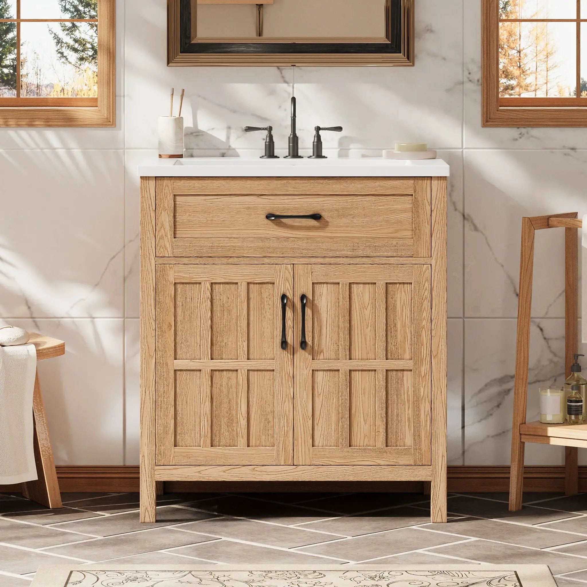Bathroom Vanity With Sink, Adjustable Shelf & Door Organizers - Walnut by Unique Piece Furniture