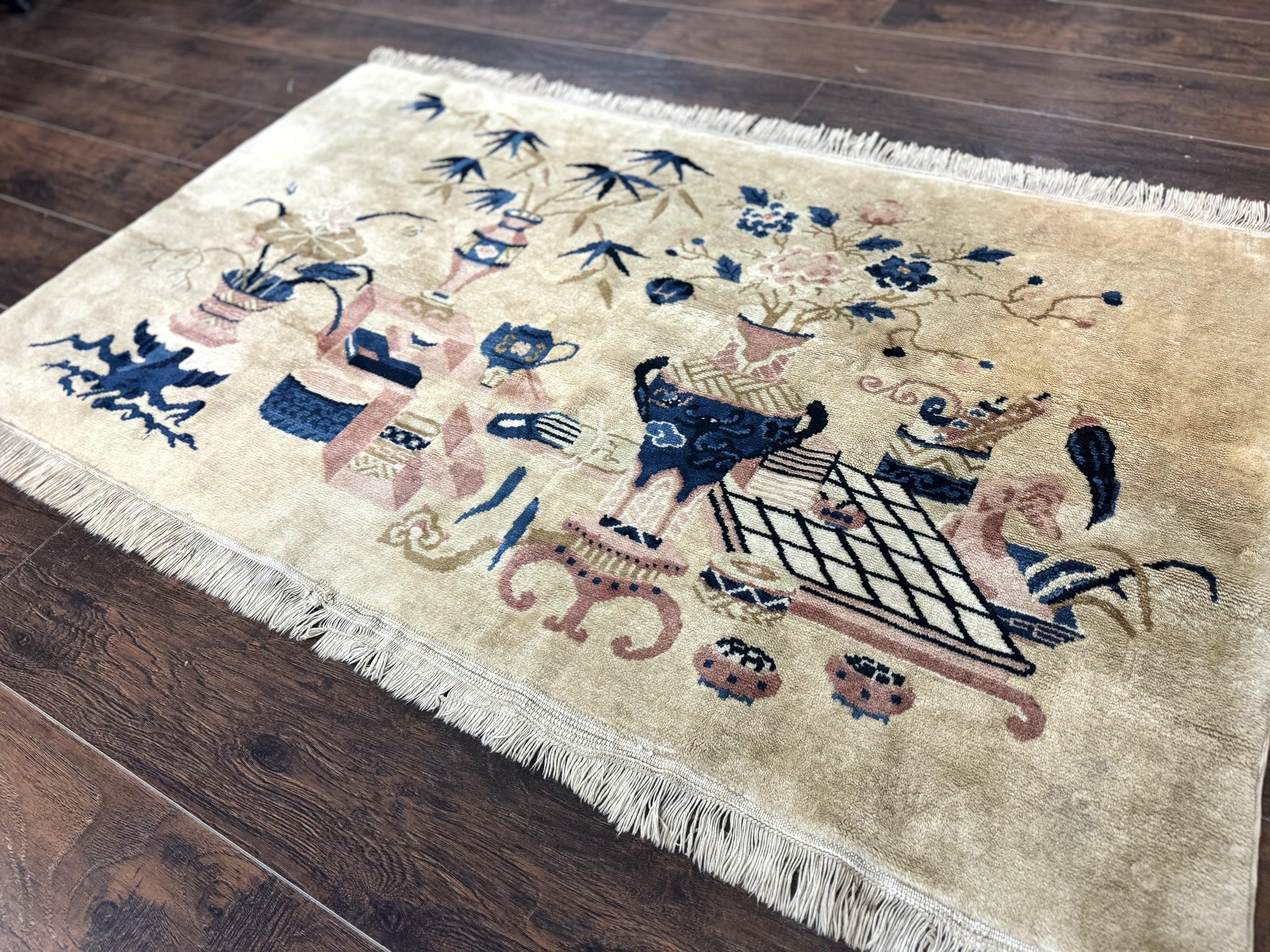 Chinese Rug 5x3, Horizontal Rug, Vases Flowers, Handmade Antique Vintage Carpet, Peking Rug, Chinese Wool Rug by Jewel Rugs