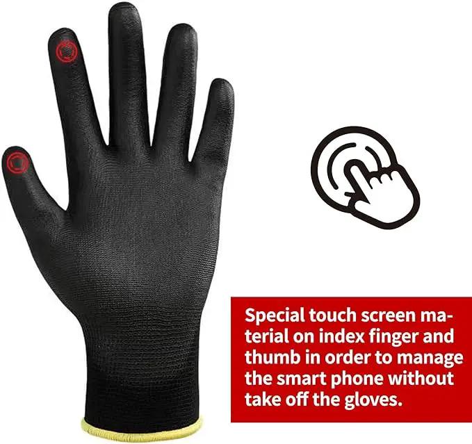 DULFINE Safety Work Gloves PU Coated for Men and Women-12 Pairs,Black Seamless Knit Glove with Two Fingers Touchscreen,Ideal for General Duty Work (Large) by GreenHaven Gardens