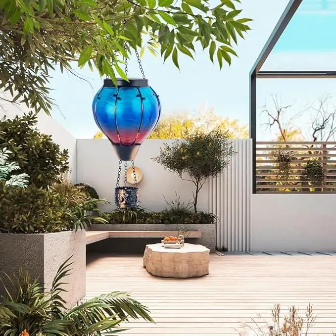 Starsoul 2 PC Blue Hot Air Balloon Solar Lantern Glass Solar Hot Air Balloon Flickering Flame Hanging Garden Light Waterproof Garden Yard Farmhouse Decor by GreenHaven Gardens