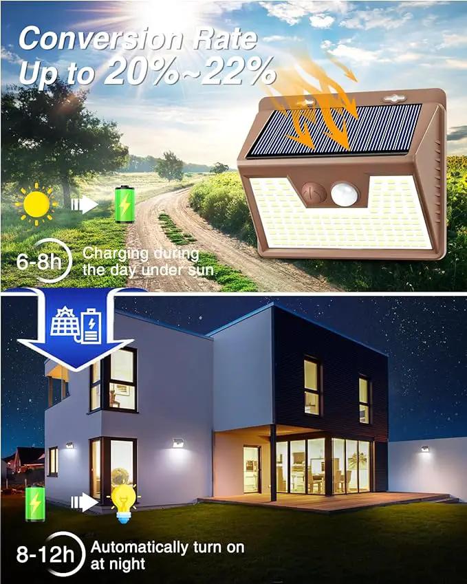 Peasur Brown Solar Lights Outdoor Waterproof, 6Pack 140LED Solar Powered Motion Sensor Lights, 3 Modes Solar Security Wall Lights for Fence Garden Yard Outside Cool White by GreenHaven Gardens
