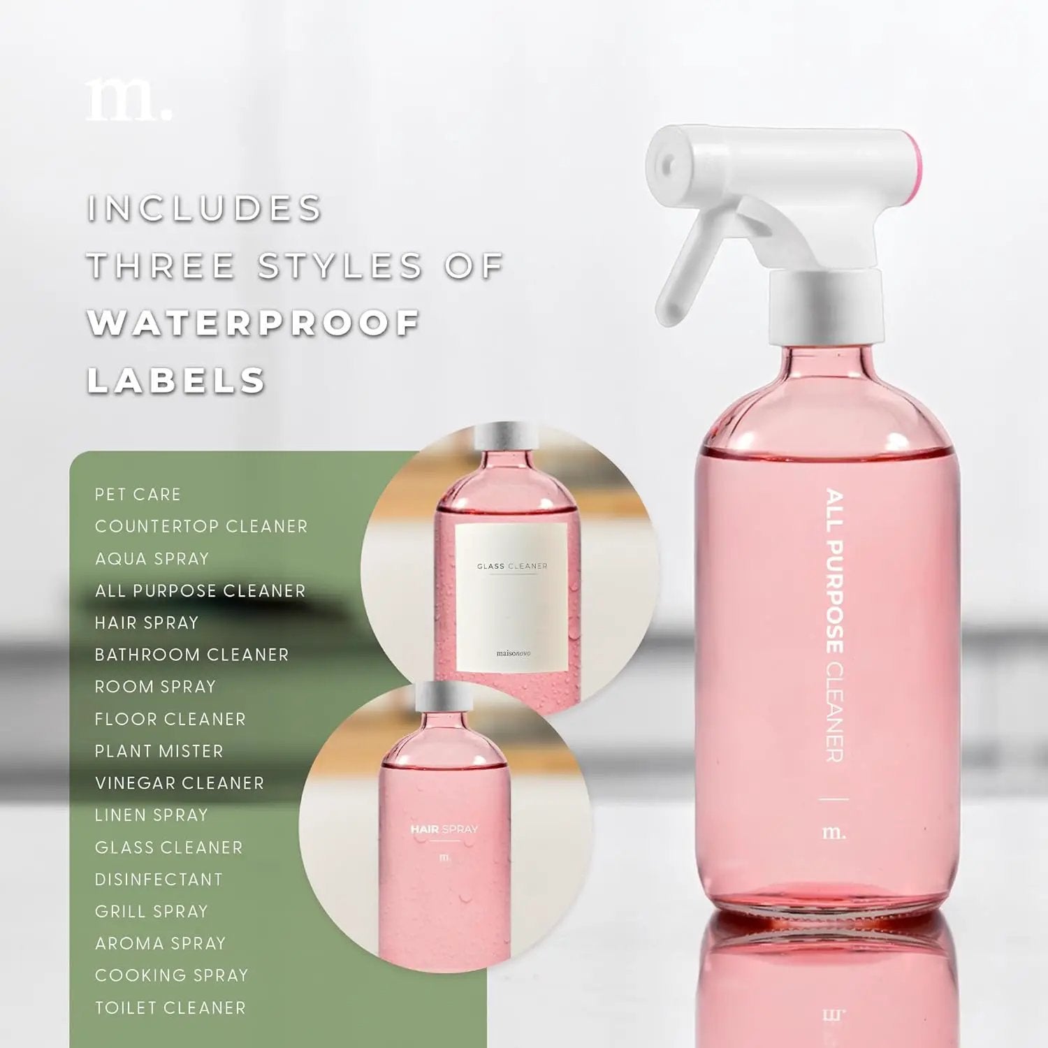MaisoNovo Spray Bottle for Hair - 16.9 fl oz Pink x 2 with 16 Labels by GreenHaven Gardens