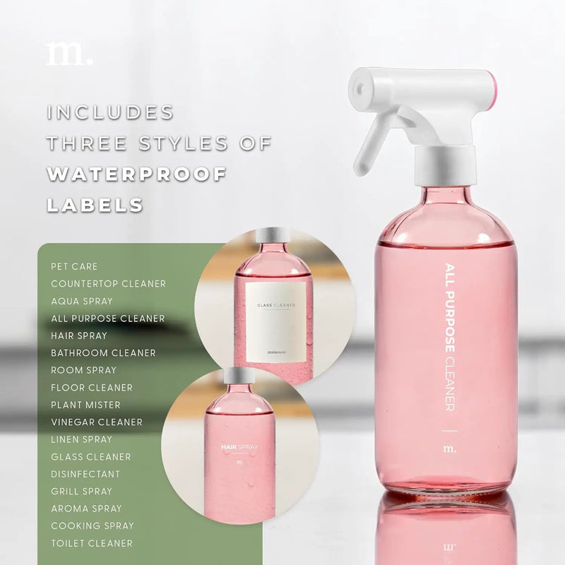 MaisoNovo Spray Bottle for Hair - 16.9 fl oz Pink x 2 with 16 Labels by GreenHaven Gardens