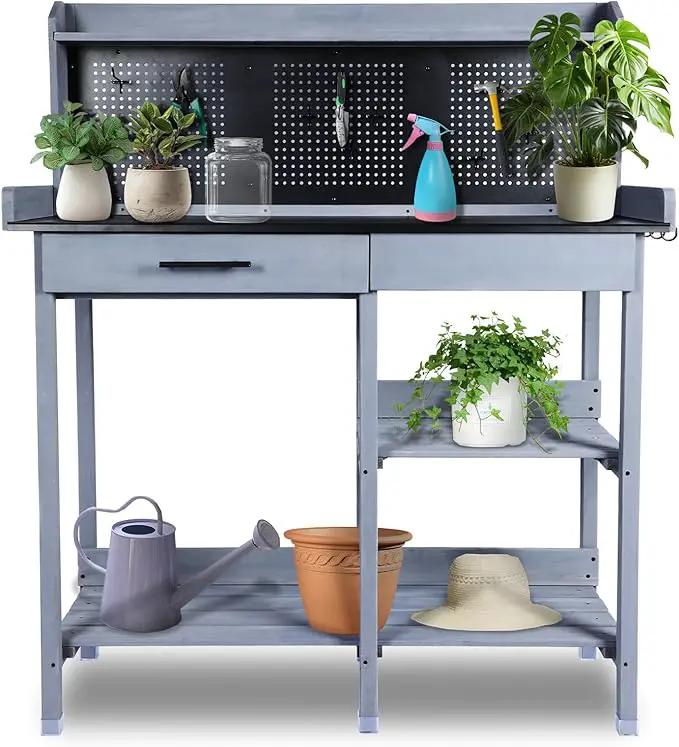 Outdoor Potting Bench Table,Garden Work Bench Metal Tabletop Horticulture with Shelf Rack Wooden Potting Benches for Outside with Holey Board/Hooks/Pads/Drawer/Adjustable and Cabinet,Gray by GreenHaven Gardens