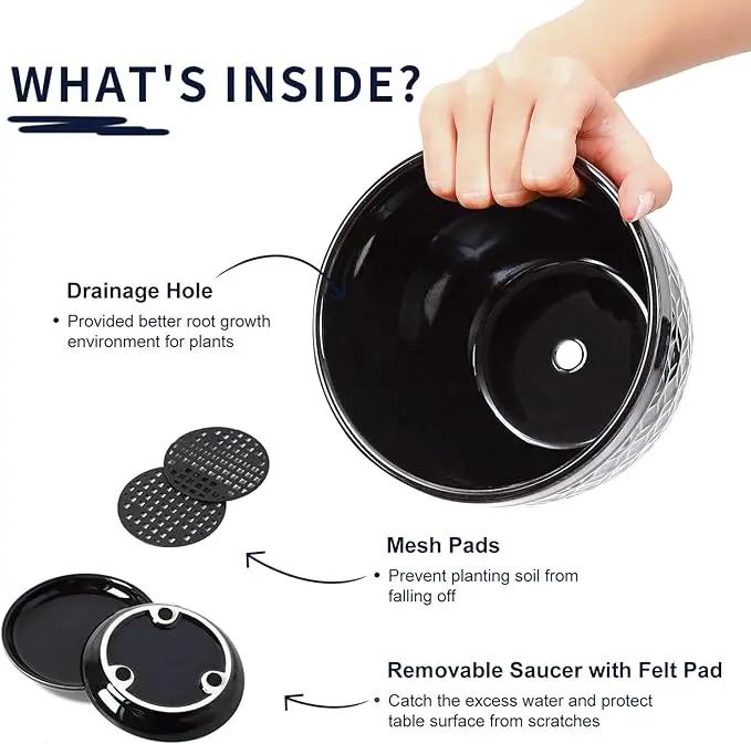 Sureasy Ceramic Indoor Plant Pots - 5.6 Inch Flower Pots for Plants with Drainage Hole and Saucer, Embossed Planter for Succulents, Orchid, Cactus, Indoor Home Decor, Set of 4, Black by GreenHaven Gardens