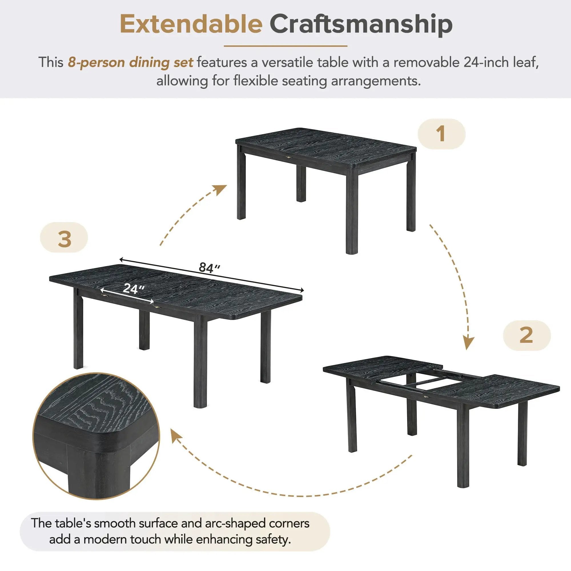 Topmax - Rustic Extendable Dining Table Set With Removable Leaf, 6 Upholstered Armless Dining Chairs And 2 Padded Arm Chairs, 9 Pieces by HouseOfZazla