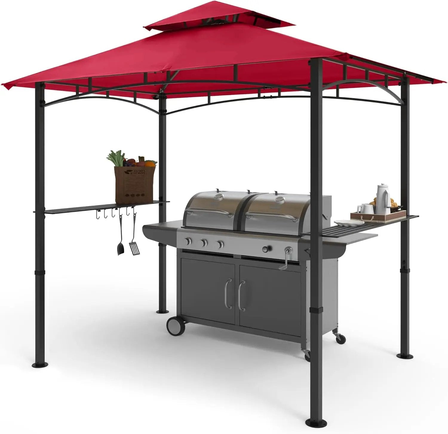 COOSHADE 8'x 5' Grill Gazebo Double Tiered Outdoor BBQ Gazebo Canopy with LED Light (Burgundy) by GreenHaven Gardens