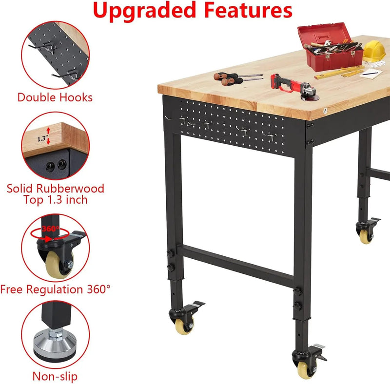 48'' Adjustable Workbench, Heavy Duty Workbench with Power Outlet and Lockable Wheels, 2000 LBS Capacity, Work Table Suitable for Office, Garage, Workshop by GreenHaven Gardens