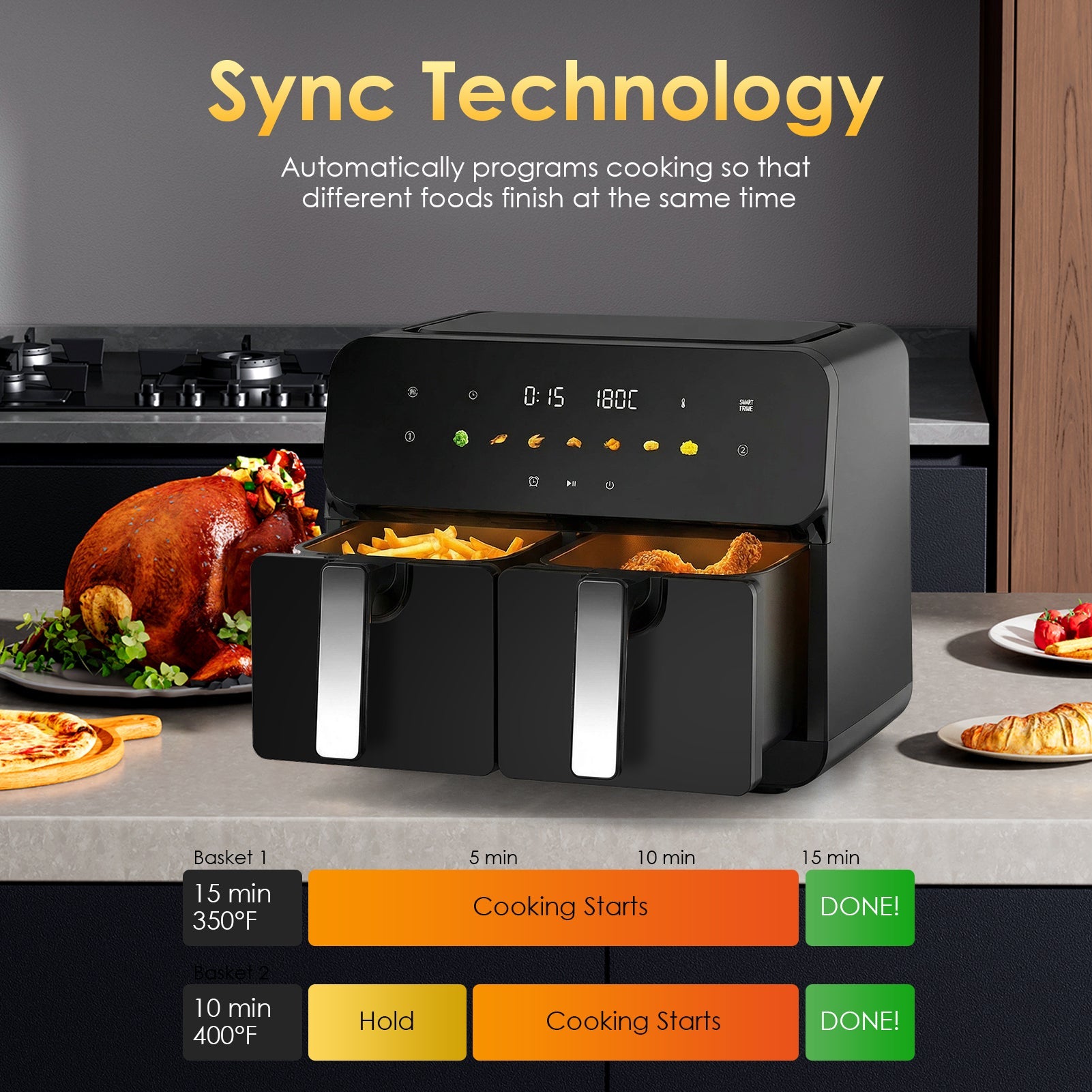 10QT Dual Air Fryer with 2 × 5QT Double Basket and SyncCook by HouseOfZazla