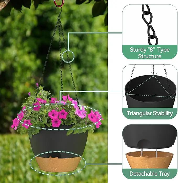 ZMTECH 12 Inch Hanging Planters for Indoor Outdoor Plants, 1 Pack Self Watering Hanging Plant Pots with Drainage Holes and Removable Saucer, Plastic Flower Hanging Pots with Watering Lip (Black) by GreenHaven Gardens