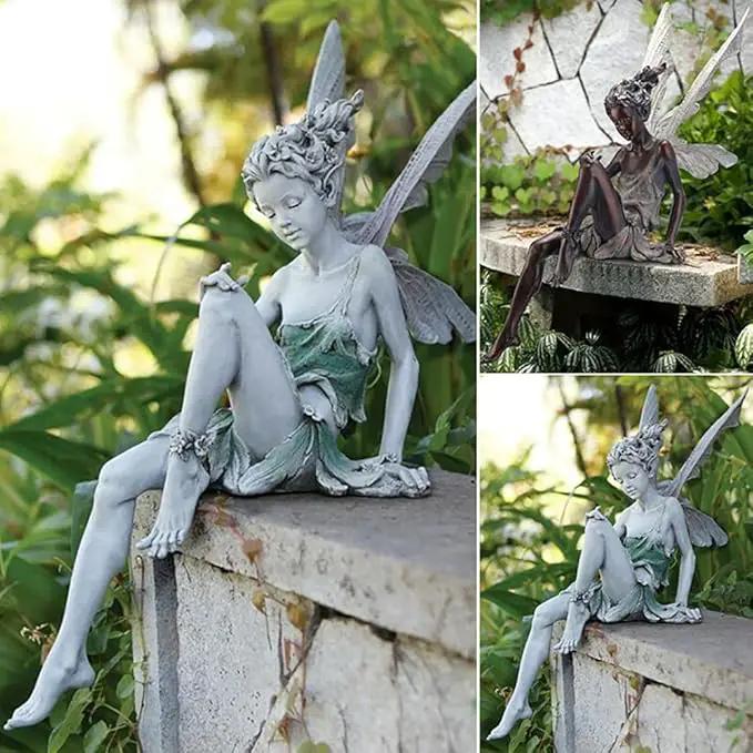 Angel Figurine Outdoor Statue, 9'' Brown Resin Angel Craft for Home, Table, Lawn, Yard, Porch, Patio, Christmas, Housewarming Gifts by GreenHaven Gardens