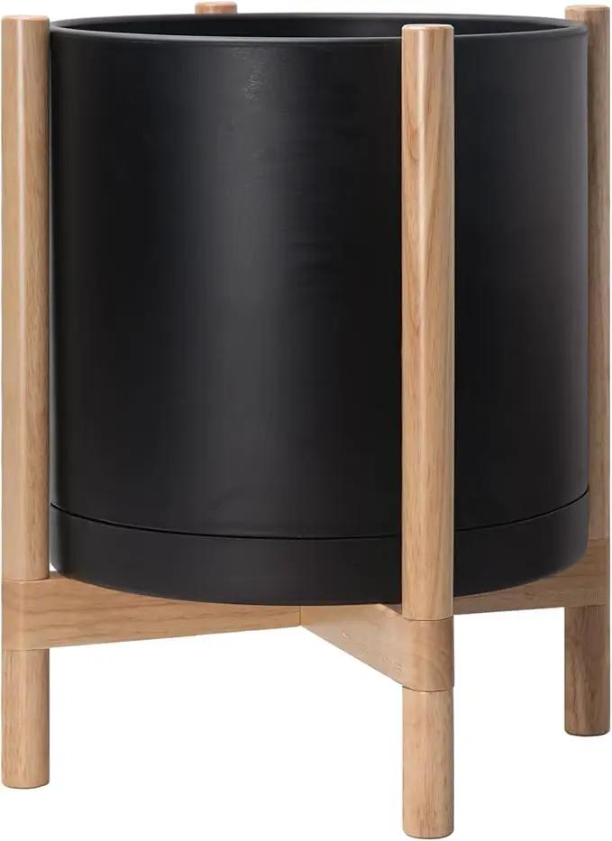 D'vine Dev Planter Pot with Stand - 16 Inch Plastic Cylinder Flower Pot with Wood Planter Holder for Indoor, Matte Black Pot + Natural Stand, 55-C-Y-2 by GreenHaven Gardens