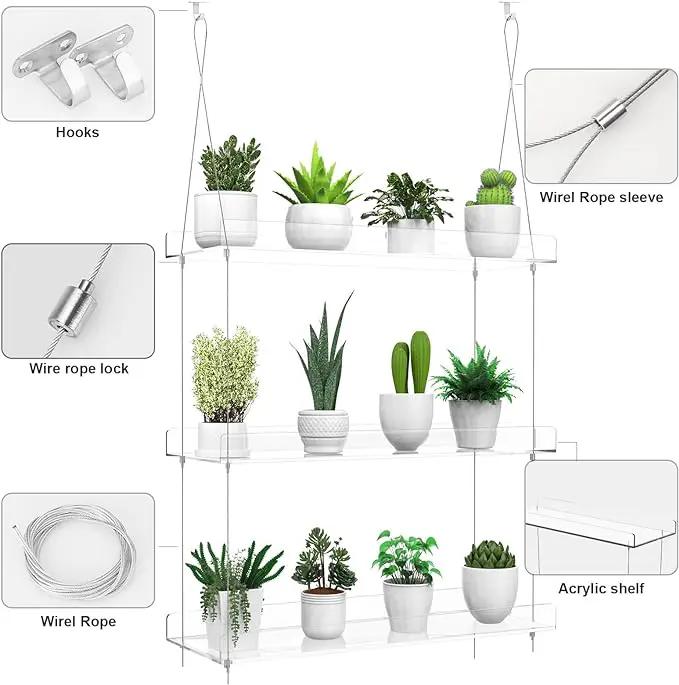 3-Tier Hanging Clear Plant Shelves for Windows, Acrylic Window Wall Plant Stand Shelf for Kitchen Indoor Gardens, Flower, Succulents, Herb, Seedling Organization, and Pots Display, 16 Inch per Tier by GreenHaven Gardens