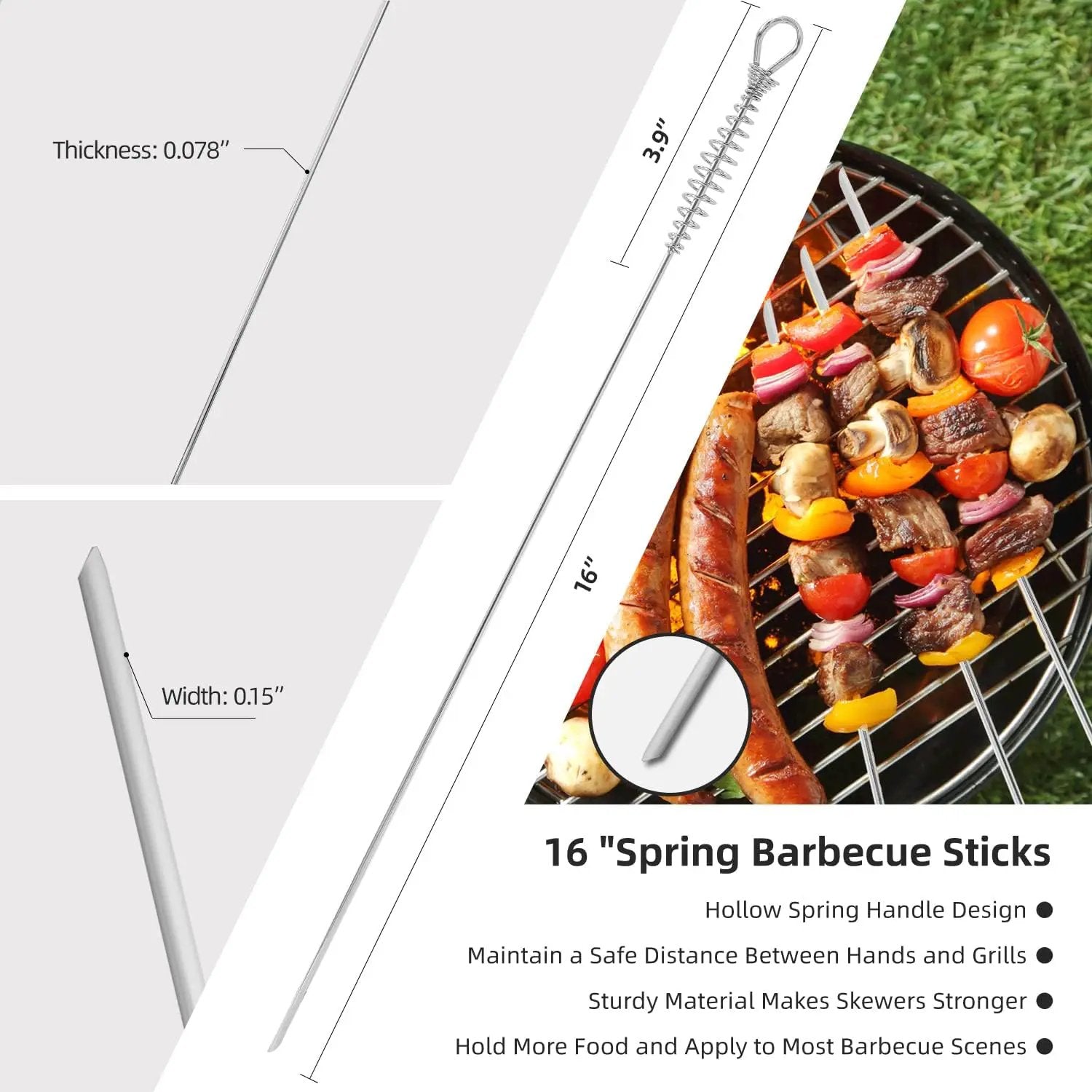 16"" 12 Pack - Metal Skewers Flat Long Kabob Skewers Reusable BBQ Barbecue Shish Sticks Skewers for Grilling, Stainless Steel, Sliver by GreenHaven Gardens