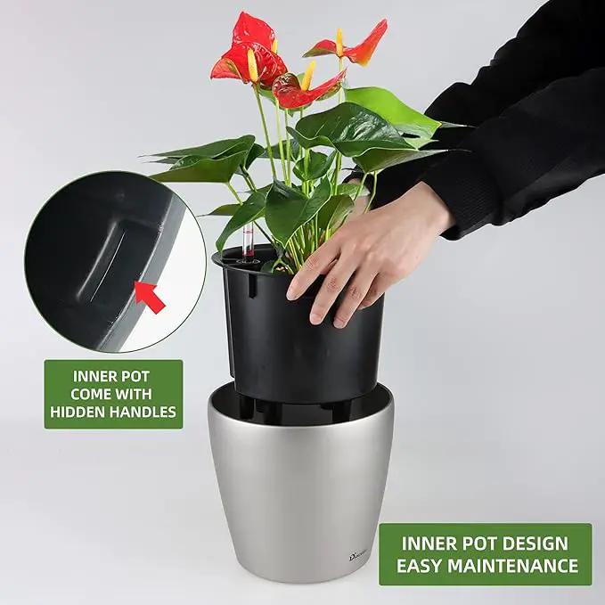 Dexceder 9x8 Inches Self Watering Planter Metallic Matte Indoor Outdoor, Inner Pot Design, Thickened Table Flower Plant Pot with Water Level Indicator (Smoky Gray) by GreenHaven Gardens
