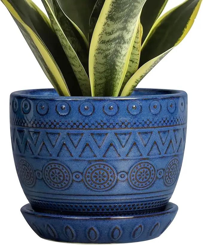 G EPGardening Pot for Plants 5 Inch - Ceramic Planter for Indoor Plants Outdoor, Succulent Pot with Drainage Hole and Saucer, Modern Home Garden Decor, Blue by GreenHaven Gardens