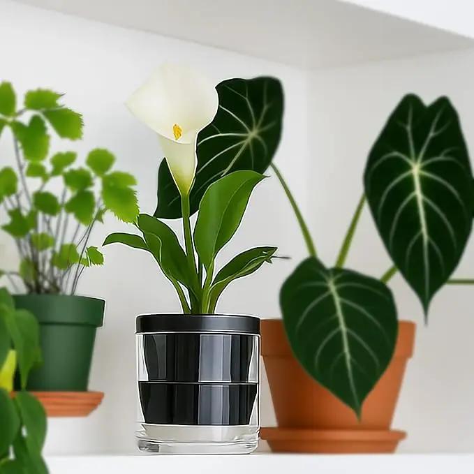 D'vine Dev 4 Inch Design Self Watering Planter for Indoor Plants, Black Terracotta Pot with Cylinder Glass Cup, 37-X-A-3 by GreenHaven Gardens