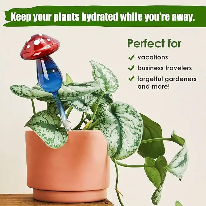 NiHome Mushroom Spike Self-Watering Bulb 2-Pack 10" Long Gradient Red Blue Hand-Blown Glass Globe Pot Plant Waterer for Home Indoor Outdoor Garden Patio Hanging Flower Automatic Irrigation System by GreenHaven Gardens