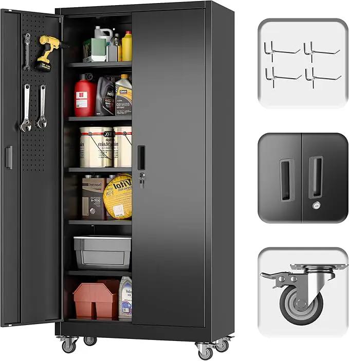 71" H×32" W×16" D Garage Storage Cabinet with Wheels, Locking Metal Storage Cabinet with 5 Adjustable Shelves, 4 Hooks and Pegboard for Garage, Home Office, Kitchen, Black, Assembly Required by GreenHaven Gardens