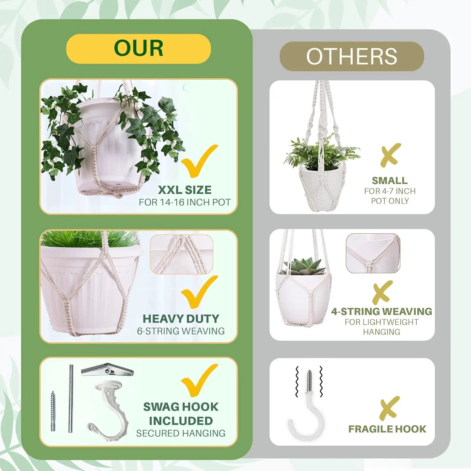 2 Pack Giant XXL 55 Inches Macrame Planter Hanger Large for 15 inch Pot + Swag Hook | Extra Large Hanging Planter for Indoor Plants | No Pot/Plant Included (XXL Black) by GreenHaven Gardens