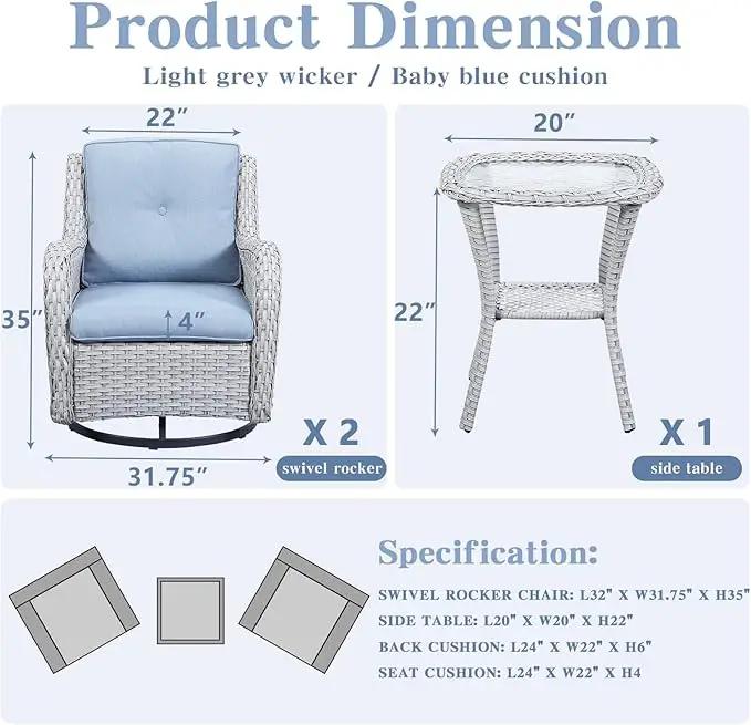Outdoor Swivel Rocker Patio Chairs Set of 3, High Back Swivel Patio Chairs Wicker Furniture Set, 2 PCS Rattan Swivel Rocking Chair with Side Table, Light Grey Wicker by GreenHaven Gardens