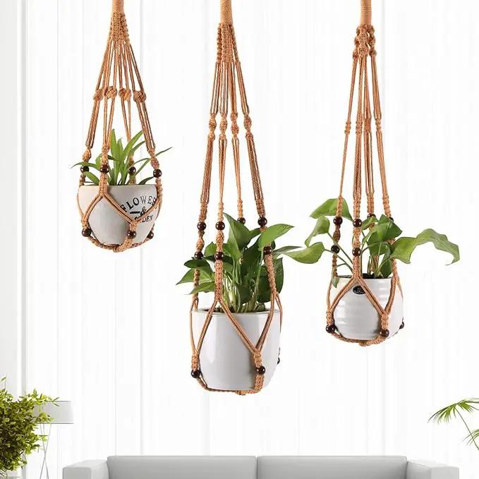 3-Pack Macrame Plant Hanger Indoor - Hanging Planter Basket for Indoor Outdoor - Decorative Boho Plant Holders Set with Beads - Ceiling Flower Pot Holder with 6 Hooks - 35"/30"/24" Brown by GreenHaven Gardens