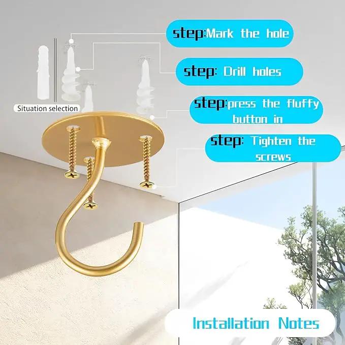 Ceiling Hooks for Hanging Plants-Metal Heavy Duty Wall Mounted Hangers for Hanging Bird Feeders, Planters, Wind Chimes, Include Professional Drywall Anchors (3-Pack) (Gold) by GreenHaven Gardens