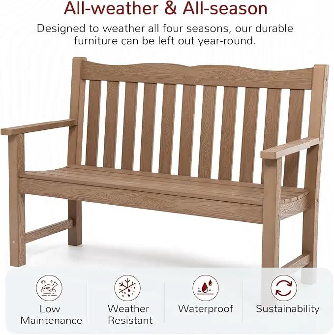 Outdoor Bench, 2-Person Poly Lumber Garden Bench, All-Weather Outside Bench with 800 lbs Weight Capacity, Never Rot or Fade, Looks Like Real Wood, Teak by GreenHaven Gardens