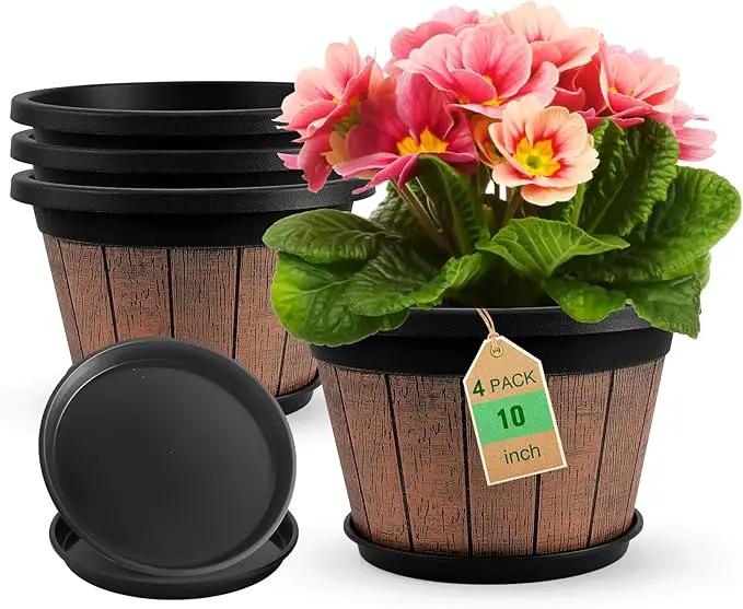 Quarut 4 Pack 10 inch Plant Pots,Upgrade Whiskey Barrel Planters with Drainage Holes & Saucer,Plastic Decoration Flower Pots Retro Design,Planters for Outdoor Indoor Garden Home Plants (Brown) by GreenHaven Gardens