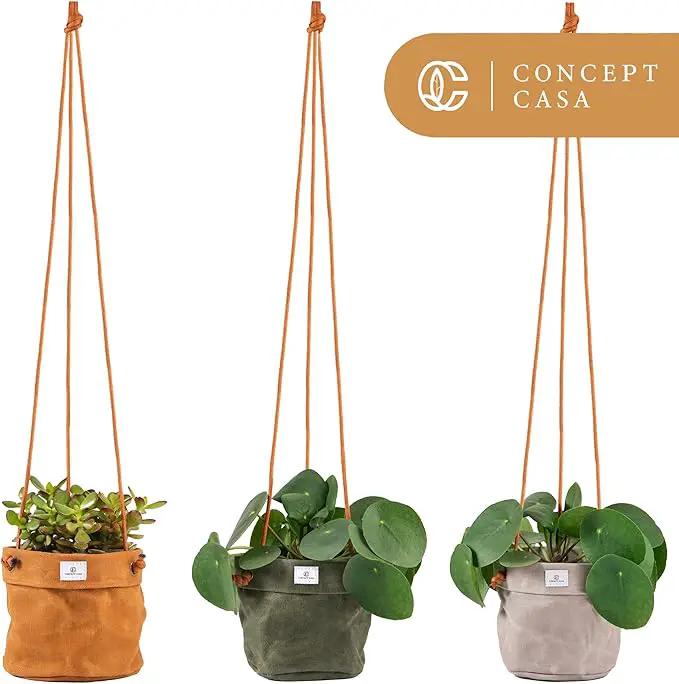 Large Waxed Canvas Handmade Hanging Planter for Indoor/Outdoor Plants, Hanging Basket Plant Holder Stone Gray by GreenHaven Gardens
