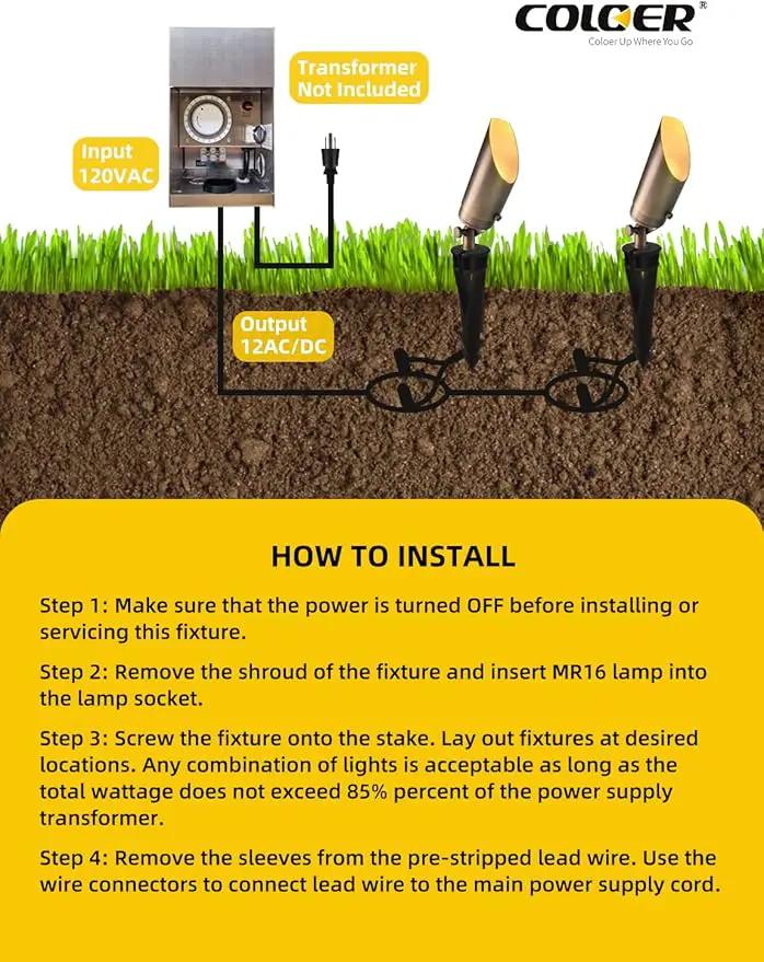 COLOER Brass Landscape Spotlights, 10 Pack Spotlight Fixture Outdoor with 5W Aluminum Housing MR16 LED Bulb 2700K 450LM, 12V AC/DC Low Voltage Landscape Lighting, Uplight for Garden and Patio(103B) by GreenHaven Gardens