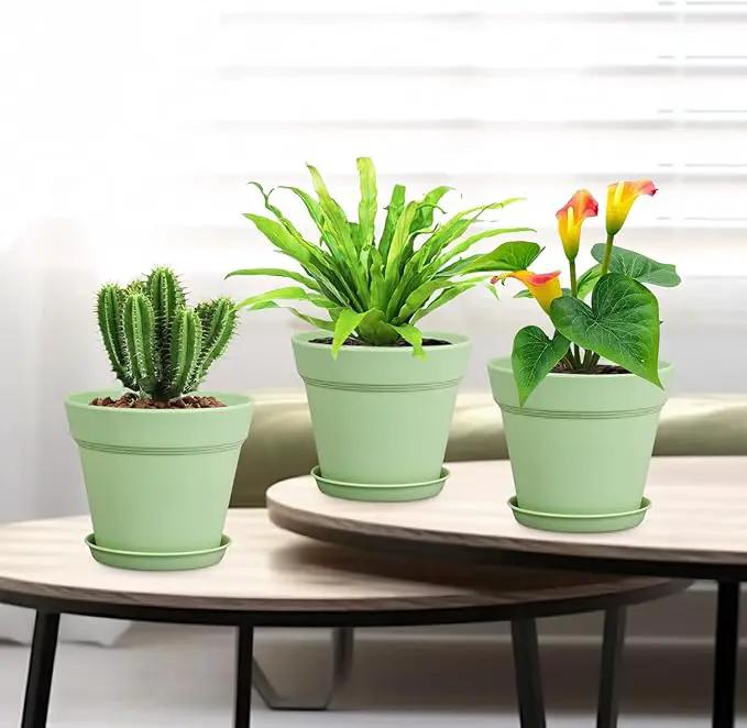 6 inch Plastic Nursery Pots, Seedling Pots, 16 Pack Plant Pots for Small Indoor Outdoor Plants, Flower Pots with Drainage Holes and Saucers, Decorative Planters for House Plants, Green by GreenHaven Gardens