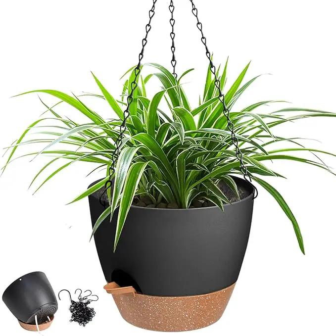 Hanging Planters for Indoor Outdoor Plants, 1 Set Self Watering Hanging Pot with Drainage Holes & Removable Tray (Black-12inch, 12'') by GreenHaven Gardens