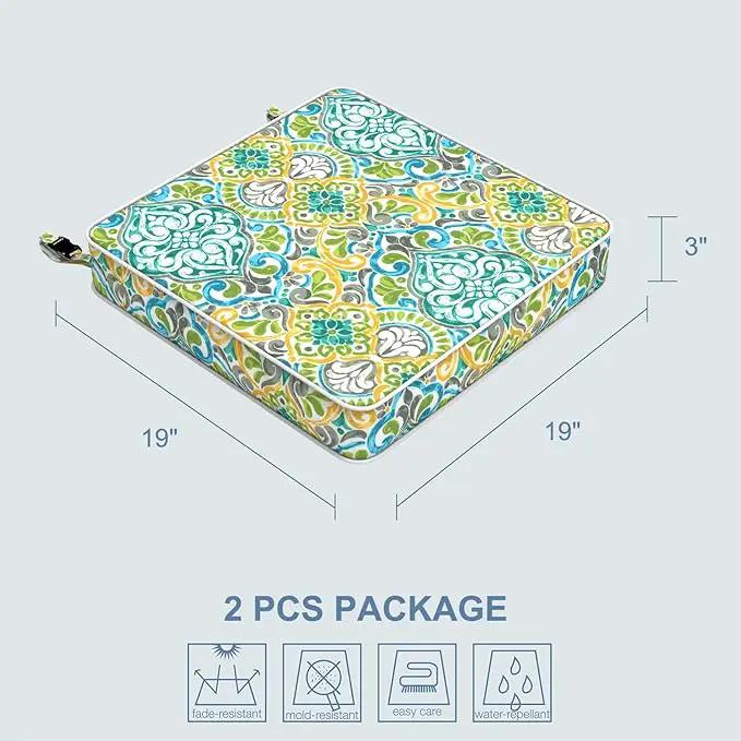 LVTXIII Patio Chair Cushions 19"x19"x3", Water-Repellent Outdoor Seat Cushions for Patio Furniture, Square Chair Pads with Ties for Home Garden Decoration, Set of 2, Damask Green by GreenHaven Gardens