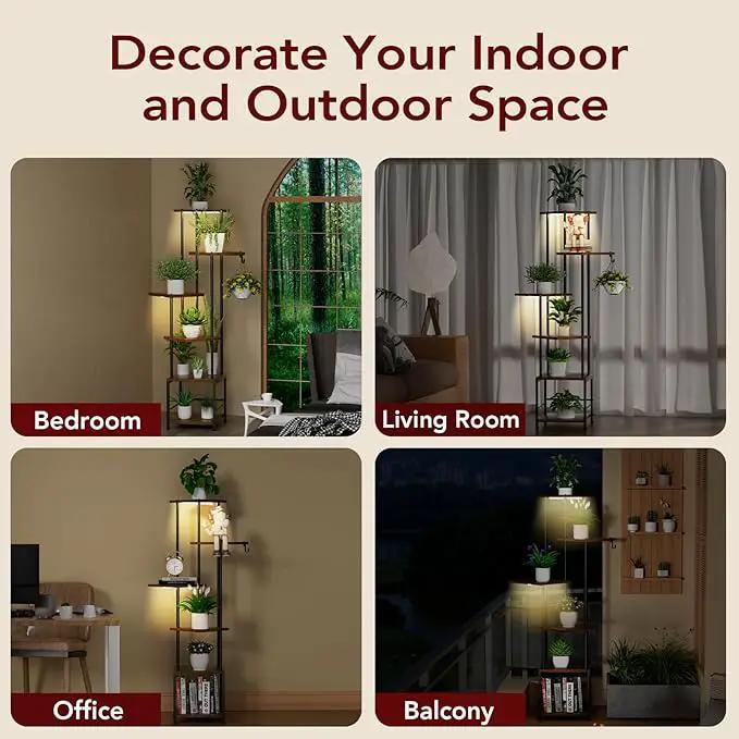 Plant Stand Indoor with Grow Light, 6-Tiered Tall Plant Stand Indoor, Metal Plant Shelf with Hanging Basket Hook and Adjustable Light, Ideal for Living Room, Garden, Patio, （Brown and Black） by GreenHaven Gardens