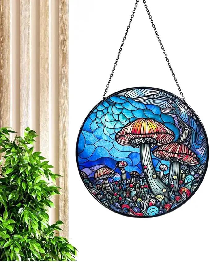Stained Glass Window Hanging - 7.8‘’ "Enchanted Forest Mushroom Suncatcher for Home and Office Décor Sun Catcher Circular Artwork by GreenHaven Gardens