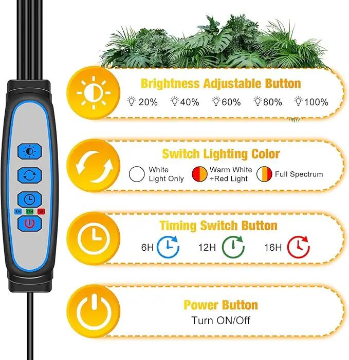 Wolezek Grow lights for Indoor Plants, 4-Head Full Spectrum LED Grow Light with Adjustable Tripod Stand 15-61 inches for Seed Starting, 3500K 6500K 660nm White Red Floor Plant Lamp with 6/12/16H Timer by GreenHaven Gardens