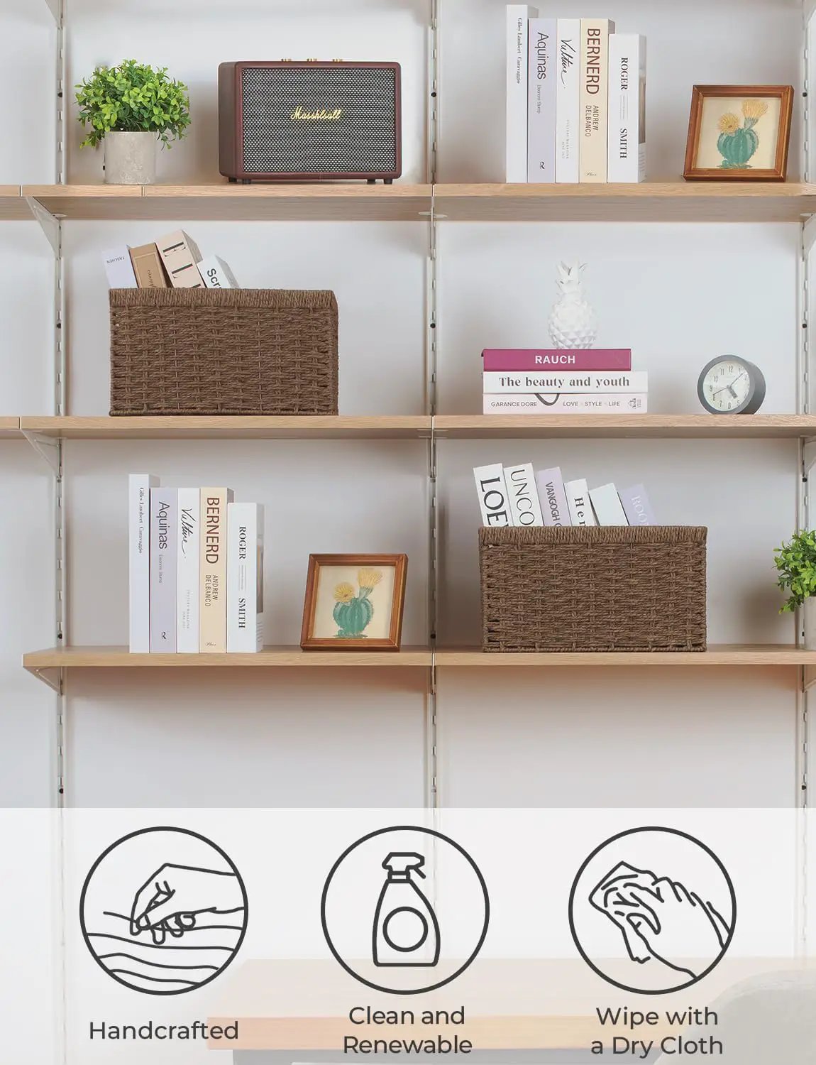 StorageWorks Round Paper Rope Storage Baskets, Rectangular Wicker Baskets with Built-in Handles, Medium, 2-Pack by GreenHaven Gardens