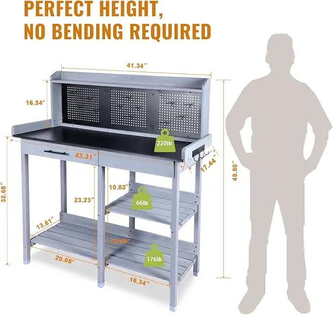 Outdoor Potting Bench Table,Garden Work Bench Metal Tabletop Horticulture with Shelf Rack Wooden Potting Benches for Outside with Holey Board/Hooks/Pads/Drawer/Adjustable and Cabinet,Gray